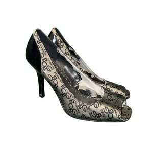 BCBGirls Emilia Open Toe Pumps‎ Heels Navy Gray Black Patent Monogram Size 6B 36